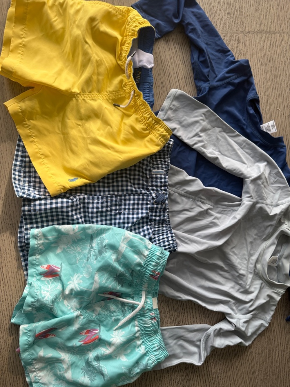 Mixed Set of Boys Swim Trunks in Yellow, Navy, Mint, and Gingham